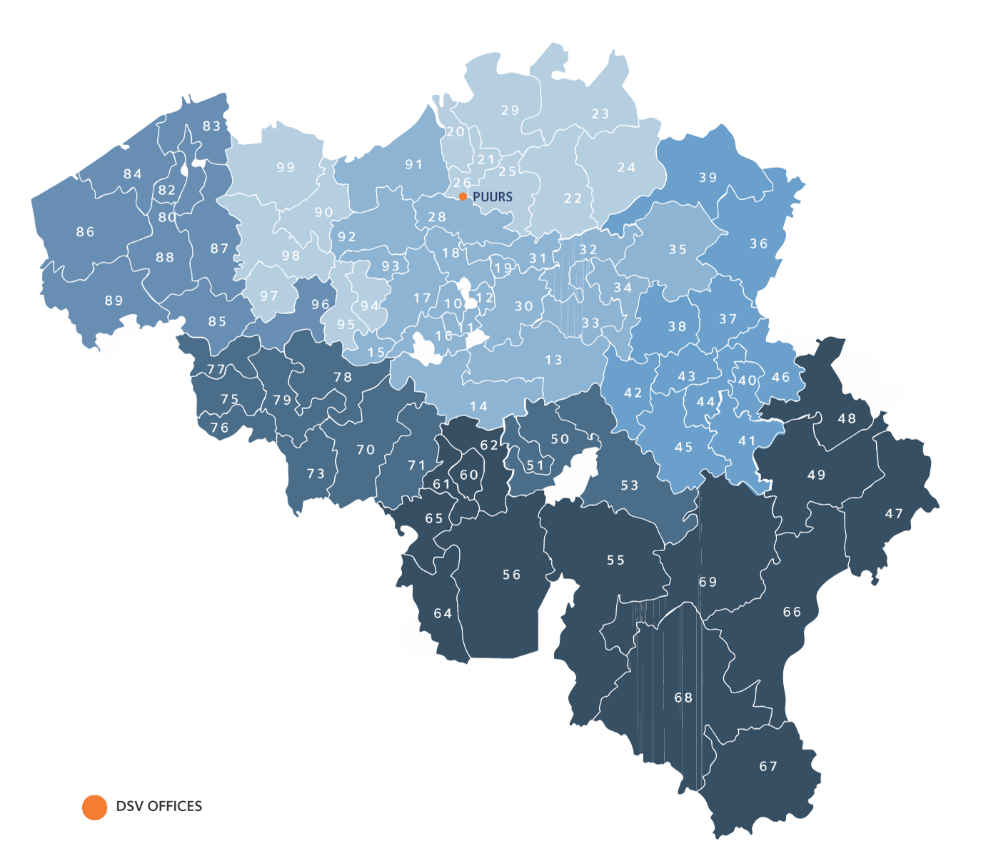 Sonekart over Belgia med postnumre og DSV lokasjoner